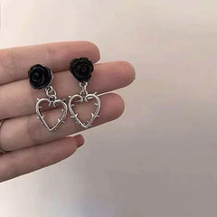 Gothic Dark Black Rose Dangle Earrings