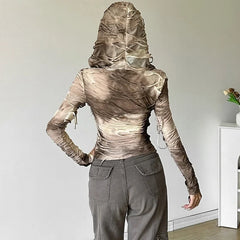 Grunge 'Wasteland' Y2k Tie Dye Print Ripped Long Sleeve Hooded Top