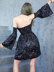 Goth Dark Aesthetic Moon Print Shirring Mini Dresse