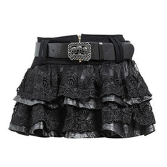Punk Goth Skull PU Leather Lace Patchwork Mini Skirt with Belt