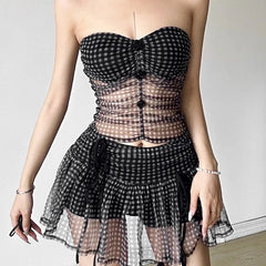 Black Goth Mesh Plaid Ruffles Two-piece Set