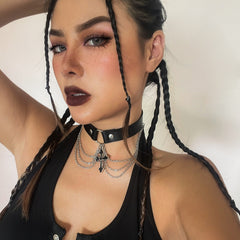 PU Gothic Alt Black Cross Choker Necklace
