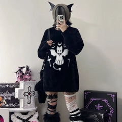 Black Grunge Cat Themed Long Sleeve Sweater