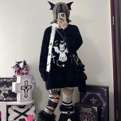 Black Grunge Cat Themed Long Sleeve Sweater