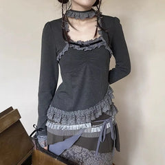 Black Goth Slim Lace Y2K Top