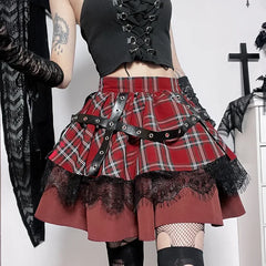 Gothic Harajuku Red Plaid Pleated Skirt