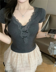 Grunge Goth Lace Patchwork Short Sleeve Top