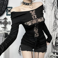 'Devine' Black Goth Dark Lace Patchwork Cross Top