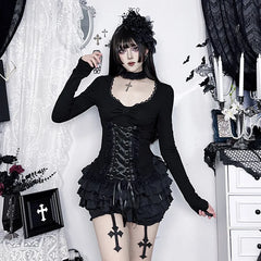'Headstone' Black Goth Dark Lolita Lace Up Top