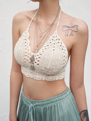 Alt White Halter Crochet Knit Crop Cami Top