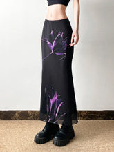 Goth Dark Black Printed Mesh Mid Waisted Maxi Skirt