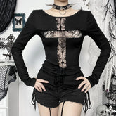 'Devine' Black Goth Dark Lace Patchwork Cross Top