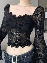 'Shadow Spell' Goth Black Lace Flare Sleeve Crop Top