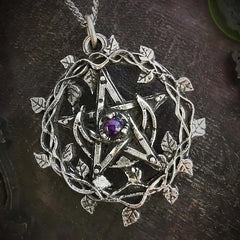 Purple Stone Rattan Leaves Geometric Pendant Necklace