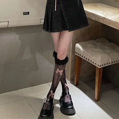 Black Lolita Kawaii Love Bow Lace Socks