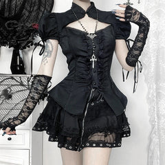 Goth 'Doom' Black Lace Ruffle Button Short Sleeve Top