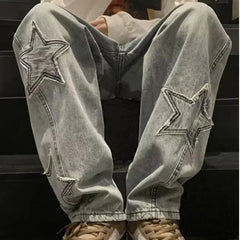 Star Embroidered Y2K Baggy Straight Leg Washed Jeans