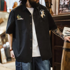 Vintage Y2K Embroidered Cuban Collar Short Sleeve Work Shirt
