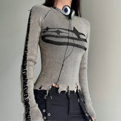 Womens Long Sleeve Ripped Stitched Y2K Top