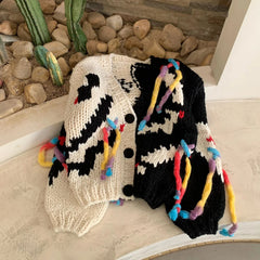 Womens Y2K Digital Glitch Tassel Cardigan Sweater