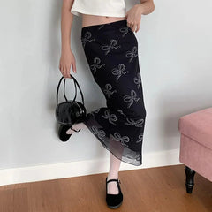 Y2K Black Mesh Flowy Maxi Skirt