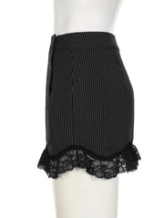 Y2K Black Striped Lace Frill Mini Skirt