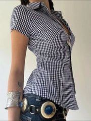 Y2K Blue Plaid Slim Button Up Short Sleeve Blouse Shirt