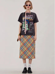 Y2K Candy Colour Plaid Straight Flowy Midi Skirt