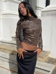 Y2K Cropped Leather Jacket Brown