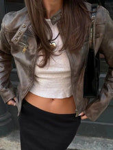 Y2K Cropped Leather Jacket Brown