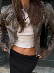 Y2K Cropped Leather Jacket Brown