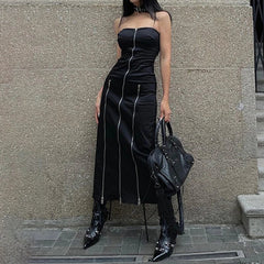 Y2K Gothic Techwear Zip Up Midi Dress