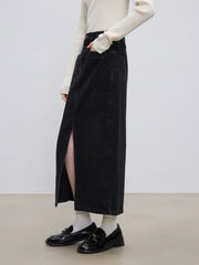 Y2K High Waist Black Denim A-line Split Maxi Skirt