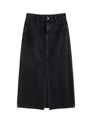 Y2K High Waist Black Denim A-line Split Maxi Skirt