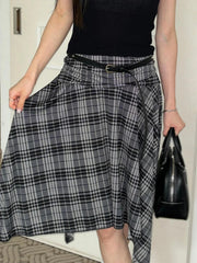 Y2K Loose Irregular Flowy Grey Plaid Midi Skirt