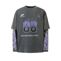 Y2K Mock Layered Flame Graphic Long Sleeve Top
