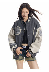 Y2K PU Leather Sleeve Embroidered Varsity Jacket