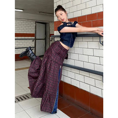 Y2K Plaid Patchwork Maxi Skirt