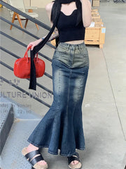 Y2K Retro Blue Mermaid Fishtail Denim Long Maxi Skirt