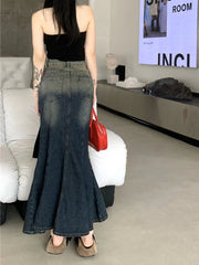 Y2K Retro Blue Mermaid Fishtail Denim Long Maxi Skirt