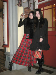 Y2K Retro French Red Plaid A-Line Maxi