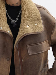 Y2K Reversible Sherpa Fleece Cargo Leather Jacket Coat