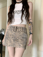Y2K Slim Leopard Print Denim Mini Skirt