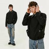 Y2K Spliced Polo Collar Black Full Zip Up Jacket