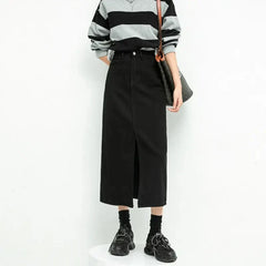 Y2K Split High Waist Denim Midi Skirt