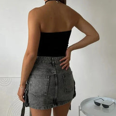 Y2K Strappy Denim Cargo Mini Skirt