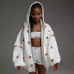 Y2K Sweet Cherry Print White Baggy Full Zip Up Hoodie