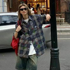Y2K Vintage Blue Short Sleeve Plaid Flannel Button Up Shirt