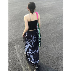 Y2K Vintage Japenese Floral Print Slit Midi Skirt