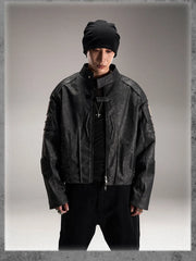 Y2K Vintage Short Distressed Black Faux Leather Jacket